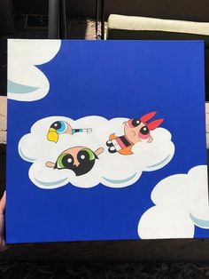 a painting of two cartoon characters flying in the sky on a blue background with white clouds