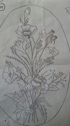 a drawing of flowers in a vase on top of a piece of paper with writing underneath it