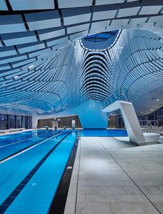 an indoor swimming pool with blue water