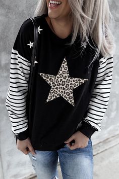 Leopard Star & Striped Print Patchwork Black Sweatshirt Cotton Long Sleeve Sweatshirt With Star Patch, Casual Black Top With Star Patch, Long Sleeve Tops With Star Print For Fall, Long Sleeve Star Print Tops For Fall, Oversized Long Sleeve Tops With Star Print, Trendy Long Sleeve Star Print Sweatshirt, Winter Cotton Tops With Star Patch, Winter Cotton Top With Star Patch, Fall Star Print Crew Neck Sweatshirt