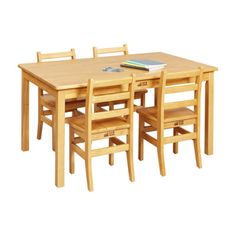 a wooden table with four chairs and a book on the top one chair is empty