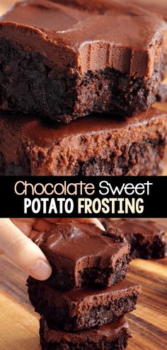 chocolate sweet potato rosting is stacked on top of each other with the words, chocolate sweet potato rosting