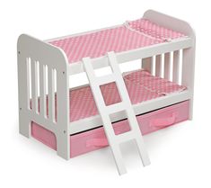 BADGER Kids Doll Bunk Bed With Ladder - PitaPats.com Under Bed Basket, Doll Bunk Beds, American Girl Doll Bed, Bunk Bed Ladder, Bed With Ladder, Polka Dot Bedding, Bunk Bed Designs, Space Bedding, Doll Bed