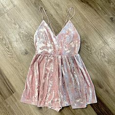 Velvet Romper/Jumpsuit In Mauve Light Pink Ish. Never Worn, Tags Still On Pink Velvet Overalls, Forever 21 Fitted Jumpsuits And Rompers For Date Night, Casual Sleeveless Pink Onesie, Chic Pink V-neck Sleepwear, Pink V-neck Nightgown For Loungewear, Mauve Velvet, Olive Jumpsuit, Fitted V-neck Jumpsuits And Rompers By Forever 21, Velvet Romper