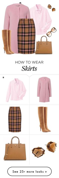 "outfit 2958" by natalyag on Polyvore featuring Basler, Miu Miu, Ralph Lauren Collection, Prada, Robert Lee Morris and Gucci Skirts Sets, Brown Clothes, Pearl Top, Wool Coats, Gucci Fashion, Wool Skirt, Plaid Skirt, Pink Blouse