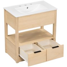 a bathroom vanity with two drawers and a sink in the bottom drawer, on a white background