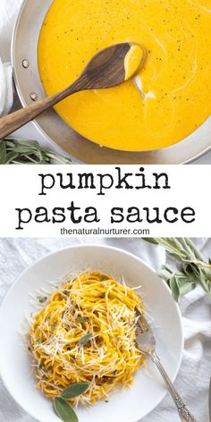 pumpkin pasta sauce in a white bowl with a wooden spoon