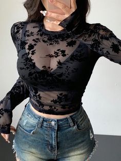 Women's Sheer Floral Print Sexy Long Sleeve Blouse Black Sexy  Long Sleeve Mesh Fabric Floral,Plants,All Over Print  Slight Stretch Spring/Summer/Fall Women Clothing, size features are:Bust: ,Length: ,Sleeve Length: Long Sleeve Black Mesh Top, Long Sleeved Corset Top, Women’s Grunge Fashion, Romantic Goth Clothing, Body Top Outfit, See Thru Tops Aesthetic, Hot Womens Fashion, Soft Rock Outfits, Sheer Top Outfit Classy