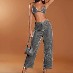 Sparkle Two Piece Set. Bra Top And Wide Leg Pants. Top Is Adjustable. Brand New Affordable Mid-rise Beige Cargo Pants, Elegant Silver Pants For Evening, Elegant Silver Party Pants, Elegant Silver Bottoms For Party, Elegant Silver Party Bottoms, Elegant High Waist Silver Pants, Silver Shimmer Bottoms For Party, Silver Bottoms For Evening In Summer, Elegant Silver Bottoms For Night Out