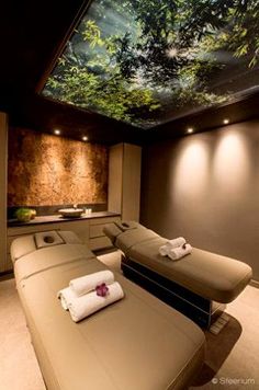 a spa room with two massage beds and towels on the back of each bed, in front of a forest mural