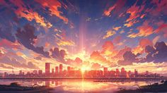 an anime scene with the sun setting over a city