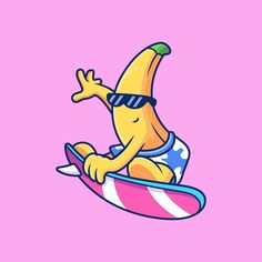 a cartoon character riding a surfboard on a pink background with an orange banana sticking out of it's mouth