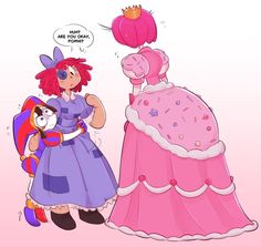 a drawing of a woman in a pink dress standing next to another woman wearing a purple dress