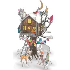 a christmas tree house with animals and people around it, on a white background in the shape of an ornament