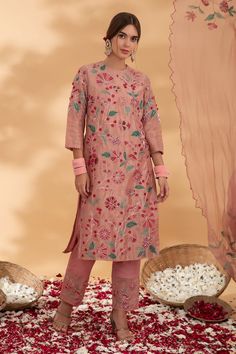 Pink kota silk kurta with all over floral embroidery. Paired with a pant and dupatta. - Aza Fashions Silk Sets With Floral Embroidery For Reception, Fitted Silk Fabric With Floral Embroidery, Embroidered Silk Straight Kurta Set, Silk Set With Multicolor Resham Embroidery, Silk Sets With Multicolor Resham Embroidery, Fitted Silk Palazzo Set With Intricate Embroidery, Fitted Silk Sets With Multicolor Embroidery, Fitted Floral Embroidered Tissue Silk Sets, Fitted Floral Embroidery Silk Sets