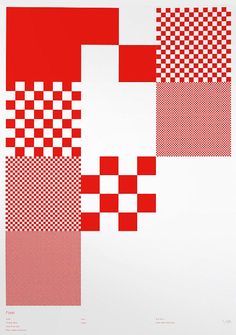 red and white squares are arranged in an abstract pattern on a white background, as well as text