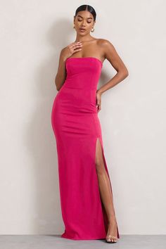 Belle of The Ball Hot Pink Bandeau Maxi Dress With Split Hem – Club L London - USA Hot Pink Strapless Dress, Midi Bridesmaid Dress, Bandeau Maxi Dress, Dress With Split, Sleek Dress, Black Dress Prom, Black Tie Gala, Strapless Bandeau, Black Velvet Dress