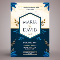 a blue and gold wedding card with an elegant design on the front, in spanish