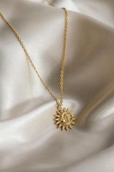 Necklace Layering Gold Sun, Gold Sun Necklace Aesthetic, Gold Celestial Pendant Necklace, Elegant Gold-plated Sun And Moon Necklace, Luxury Gold Goddess Necklace, Accessories Necklaces, Vintage Pearls, Accessories Necklace, American Express