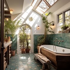 a bath room with a large tub and a skylight over the toilet area next to a sink