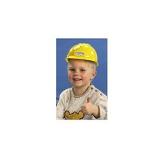 a young boy wearing a yellow hard hat and holding a thumb up to the camera