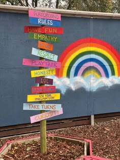 a rainbow painted on the side of a building with lots of signs attached to it