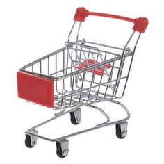 a small metal shopping cart with red handles