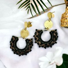 Black Lace Statement Beaded Hoop Drop Earrings - Etsy Gold Bohemian Hoop Earrings With Dangling Beads, Bohemian Small Hoop Earrings With Gold Beads, Brass Earrings With Gold Beads For Festivals, Festival Brass Earrings With Gold Beads, Bohemian Brass Hoop Earrings For Party, Bohemian Small Hoop Beaded Earrings For Party, Bohemian Gold Round Beaded Earrings, Black Dangle Hoop Earrings For Festivals, Gold Small Hoop Beaded Earrings For Festival