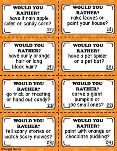 four orange labels with words that say would you like to have fun in the house?