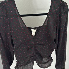 Black And Red Hear Blouse From H&M Never Worn. Excellent Condition Casual Fitted Blouse With Heart Print, H&m V-neck Top For Night Out, Chic Fitted Top With Heart Print, Chic Fitted Heart Print Tops, Fitted Heart Print Blouse, Fitted Summer Blouse With Heart Print, Fitted Heart Print Blouse For Summer, H&m Black Casual Blouse, H&m Casual Black Blouse