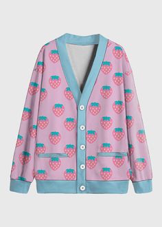 Size S Length 26" Chest 35" Sleeve Length 24" Size M Length 27" Chest 37.5" Sleeve Length 24" Size L Length 28" Chest 40" Sleeve Length 25" Button up Closure Inside Material: Fleece Fabric Long Sleeves Cutecore Cardigan, Kawaii Cardigan, Strawberry Kawaii, E Girl Clothes, Fairy Kei Fashion, Plus Size Kawaii, Kawaii Outfits, Plus Size Pink, Kawaii Clothing