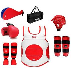 an assortment of sports equipment including gloves and pads