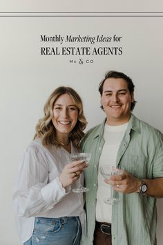 a man and woman standing next to each other holding wine glasses in their hands with the caption's above them that reads, month marketing ideas for real estate agent