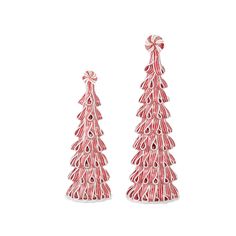 two red and white christmas trees with bows on each one's head, set against a white background