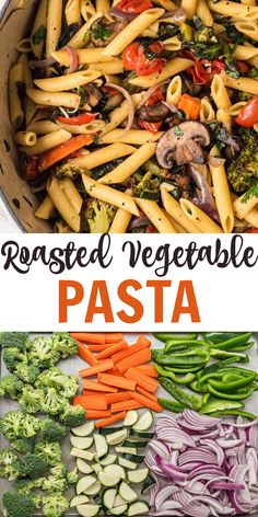 pasta with mushrooms, broccoli and carrots in a pan