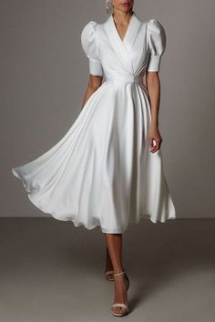 Civil Wedding Dresses, Fashion Top Outfits, Fashion Aesthetics, Bubble Sleeve, Mid Length Dresses, Swing Dress, Look Fashion, Modest Fashion