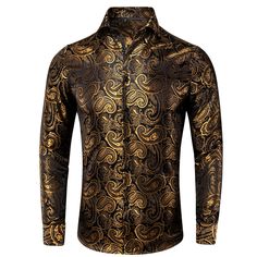 Luxury Gold and Black Silk Dress Shirt shirt S   - Sophisticated Gentlemen Classic Gold Shirt For Party, Formal Long Sleeve Paisley Print Shirt, Classic Long Sleeve Paisley Print Shirt, Classic Long Sleeve Shirt With Paisley Print, Elegant Gold Shirt For Fall, Formal Gold Tops With Baroque Print, Formal Long Sleeve Shirt With Baroque Print, Gold Baroque Print Formal Tops, Formal Gold Top With Baroque Print