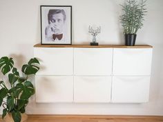 some plants are sitting on top of a white cabinet