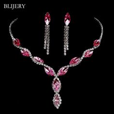 New Pink Set Cz Sparkle And Shine Elegant Simple Pretty Pink Necklace Earring Tassel Bridal Pageant Set Elegant Pink Rhinestone Jewelry Set, Pink Necklace Jewelry, Quince Jewelry, Necklace Png, Hoco Jewelry, Pink Necklace Set, Aesthetic Beads, Pink Choker Necklace, Ruby Heart Necklace