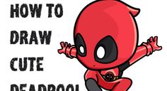 a drawing of a deadpool character with the words how to draw cute deadpool