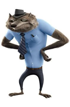 a man in a blue shirt and tie with a raccoon on his back