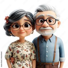 an old man and woman are standing next to each other in front of a white background