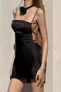 black satin backless strappy dress, sleek mini dress, sexy short dresses, boogzel clothing Black Backless Dress Short, Satin Dress Outfit, Backless Dress Black, Sleek Back, Backless Dress Short, Girl Aesthetics, Egirl Clothes, Black Backless Dress, Clothing Aesthetic