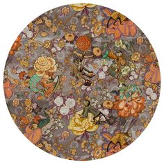 an image of a floral design on a round tablecloth with many flowers and butterflies