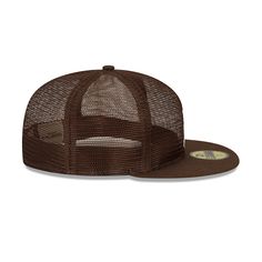 the brown trucker hat is shown on a white background