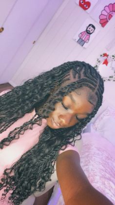 #hairstyles #fulanibraids#pink Knotless Box Braids Medium Designs, Hoco Braids Hairstyles, Hair Braid Ideas Easy, Braid Hairstyles For Girls Black, Knee Length Fulani Braids, Fulani With French Curls, Braid Flip Over Head, Fulani Braids Ombre, Alicia Keys Braids Hairstyles Fulani