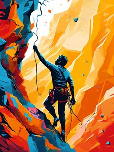 a man climbing up the side of a mountain in front of an orange and blue background