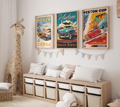 a child's room with posters on the wall