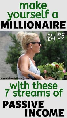 a woman with sunglasses on her head and flowers in her hand, text reads make yourself a millionaire by 35