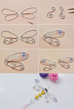 the instructions to make wire earrings with beads and flowers on them are shown in several different ways